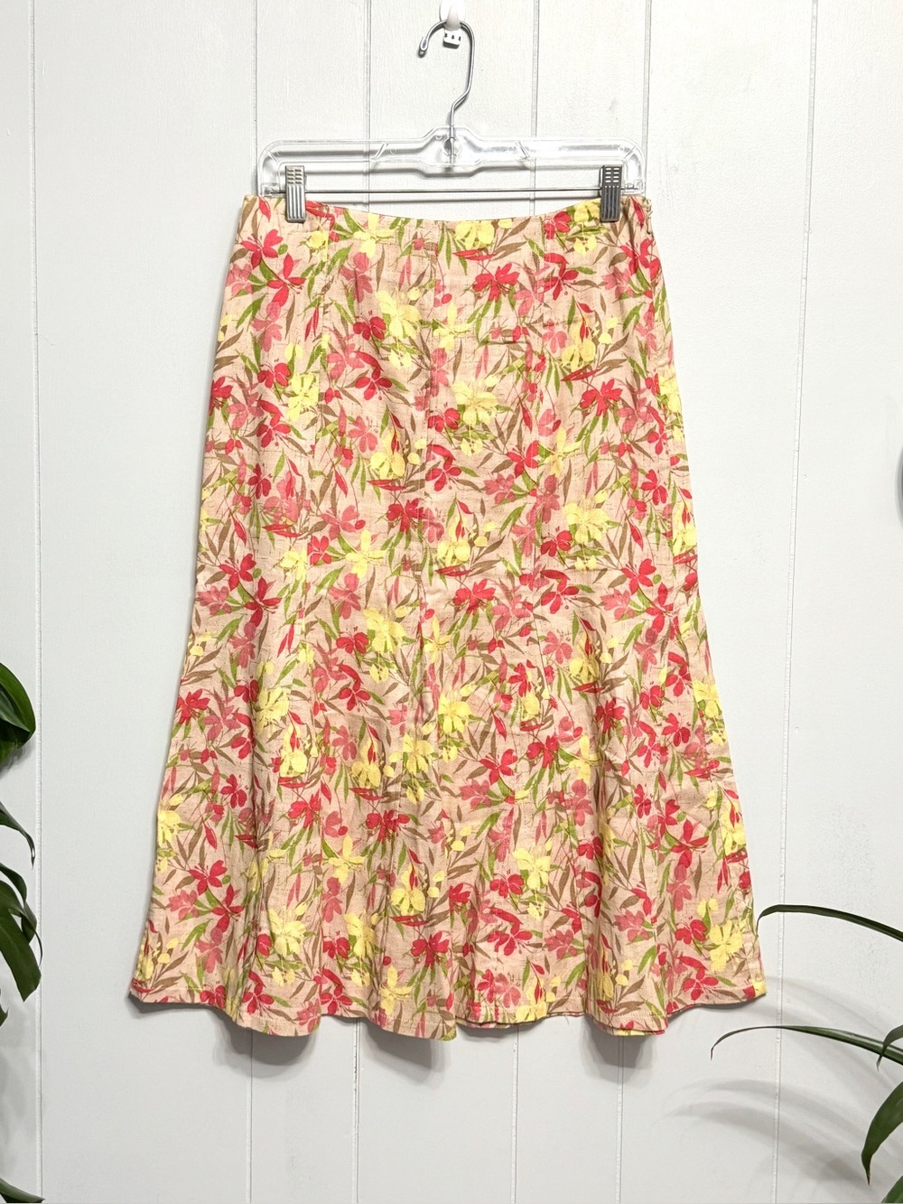 Linen & Cotton Floral A-Line Midi Skirt - Pink with Yellow & Red Flowers